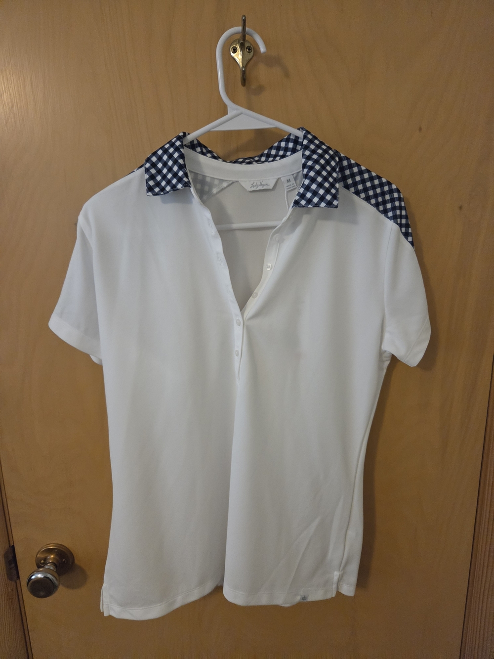 Lady Hagen White Short Sleeve Polo with Navy Gingham Collar